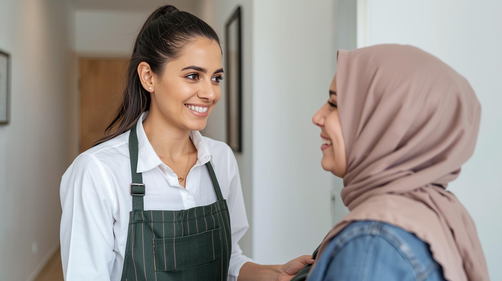 image service à domicile jeune marocaine accueillante souriante moderne et respectueuse inspirant confiance, s'adresse à une cliente MRE 40 ans avec foulard moderne et élégant